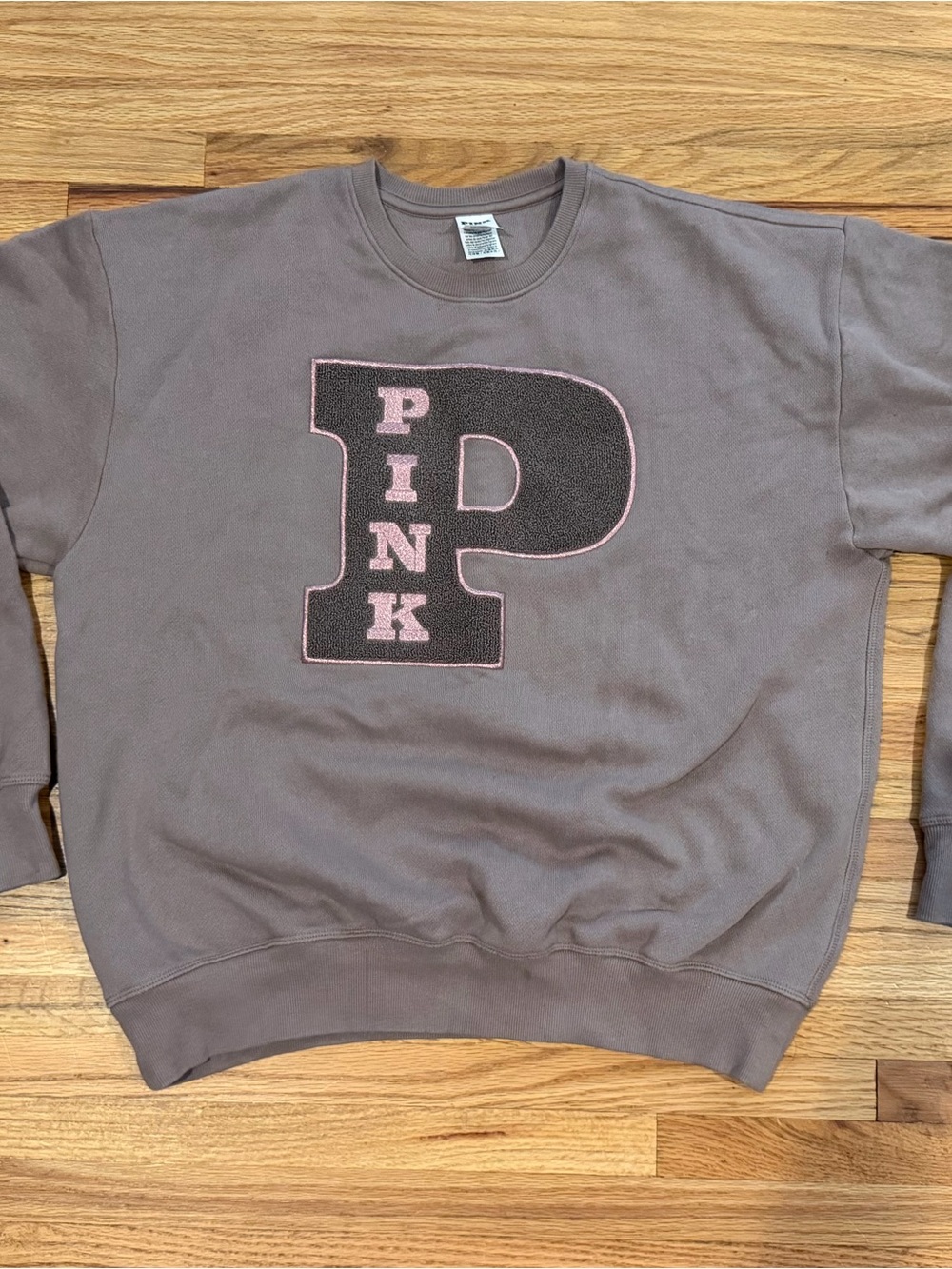 PINK Women’s Gray Crewneck Sweatshirt with Pink Applique
